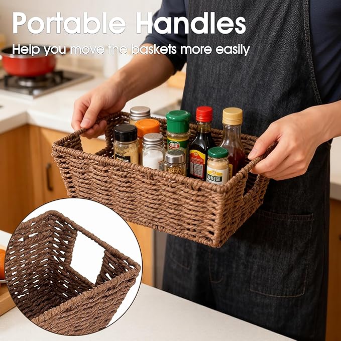 Paper Rope Storage Baskets for Shelves Organizing, Small Hand Woven Wicker Organizer Basket with Handle for Bathroom Toilet Paper Storage, Brown, 3-Pack