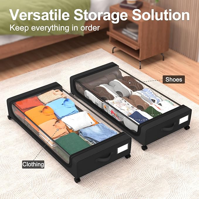 GoMaihe Under Bed Storage with Wheels: 70L Underbed Storage Containers with Clear Lids - Rolling Drawers & Bins for Shoes Clothes in Dorm Bedroom - Space-Saving Easy Pull-out Black 2-Pack