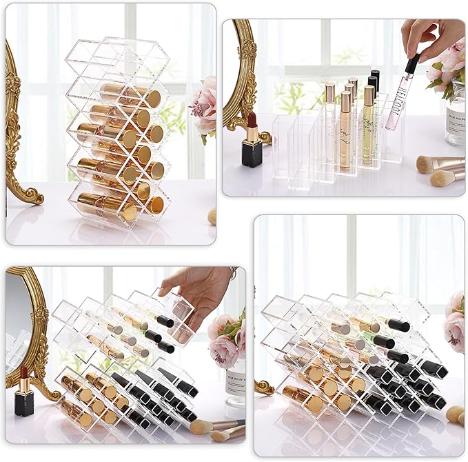 ELLDOO Rollerball Perfume Organizer, 14 Spaces Clear Acrylic Perfume Storage Holder Beauty Scent Holder, Stackable Makeup Lipgloss Lipstick Display Case Lip Gloss Storage Stand