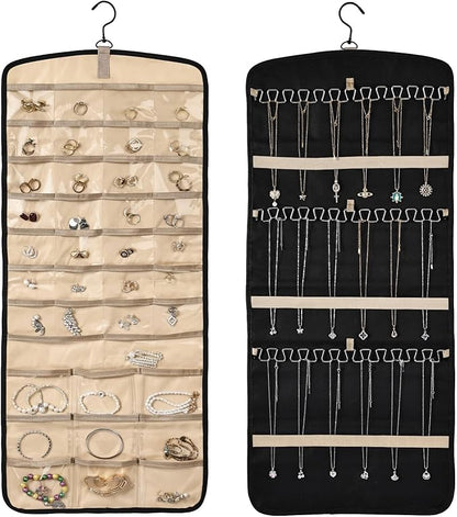 Hanging Jewelry Organizer Storage Roll with 39 Clear Pockets Double-Sided Foldable, Necklace Organizer Tangle Free, Travel Jewelry Holder for Earrings, Rings, Bracelets, Hanging on Closet, Wall, Door