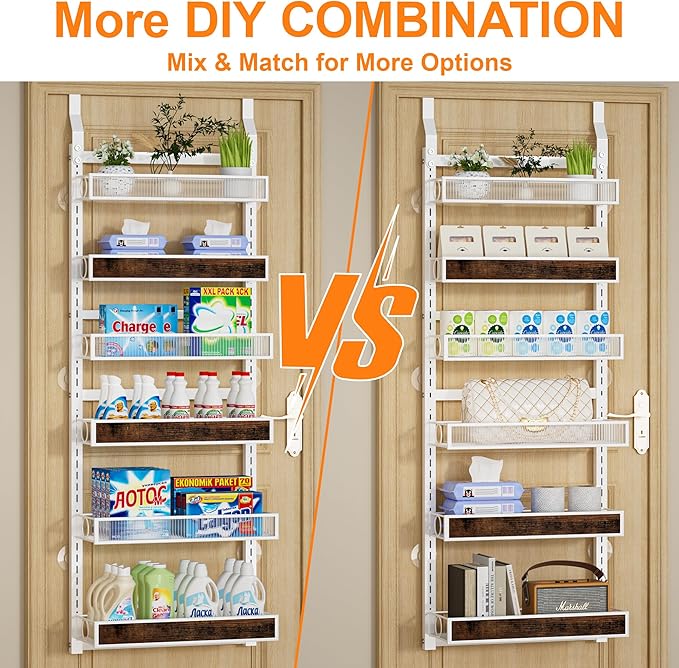 6 Tier Pantry Door Organizer Spice Rack, 2-IN-1 Wall Mount or Hanging Over Door Seasoning Organizer with Adjustable Baskets, Heavy Duty Behind Door Storage Shelves for Pantry, Cabinet and Kitchen