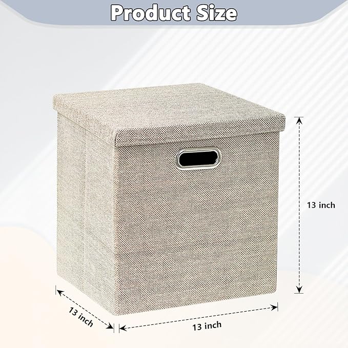 Storage Bins with Lids,13 x 13 Inch Foldable Fabric Cube Baskets Boxes Organizer for Closet, Shelves, and Home. (Khaki, (13x13) 3 pack)