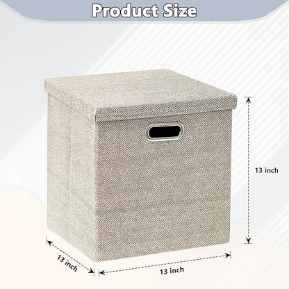 Storage Bins with Lids,13 x 13 Inch Foldable Fabric Cube Baskets Boxes Organizer for Closet, Shelves, and Home. (Khaki, (13x13) 3 pack)