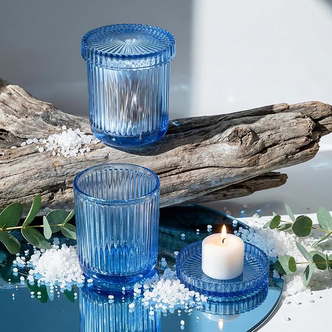 2 Pack Qtip Holder - Apothecary Jars with Lids, Bathroom Organizers and Storage Canister for Cotton Balls,Swabs,Floss Picks,Hair Ties,Clear Glass Vintage Bathroom Decor Jar Set (Blue2)