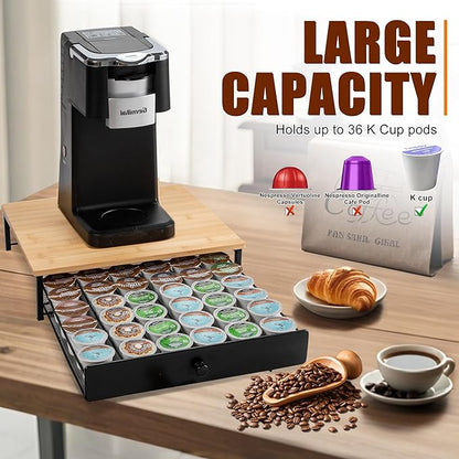 ROWISE Bamboo Coffee Pod Drawer Holder for K Cups, Coffee Capsule Organizer for Home Office, Kitchen, 36 Pods Capacity
