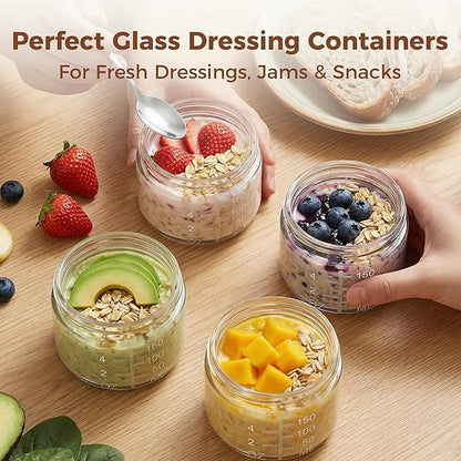 6oz Glass Jars with Airtight Lids - 4 Pack Overnight Oats Containers with Bamboo Lids, Small Food Containers with Measurement for Yogurt, Salad, Chia, Wide Mouth Mason Jar with Lid for Food Storage