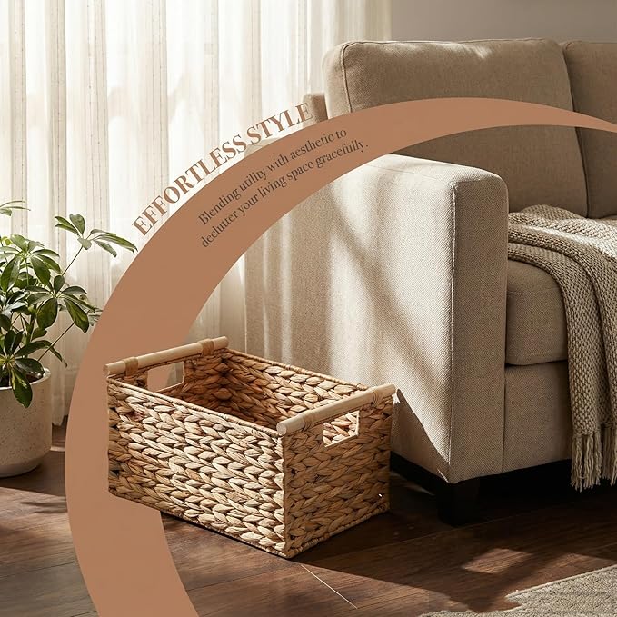 Natural Water Hyacinth Storage Baskets for Organizing Small Wicker Baskets With Handles, Woven rectangle Baskets for Storage Baskets for Shelves, Large Rectangular Towel Basket