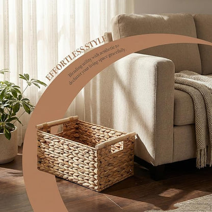 Natural Water Hyacinth Storage Baskets for Organizing Small Wicker Baskets With Handles, Woven rectangle Baskets for Storage Baskets for Shelves, Large Rectangular Towel Basket