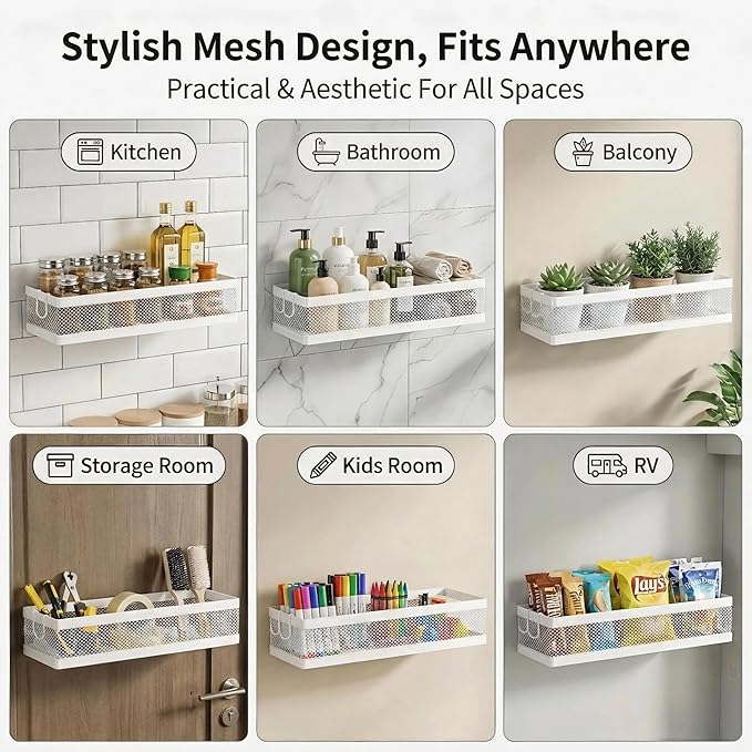 PUSDON 16.5-Inch Extra Long Slim Mesh Shower Caddy, Wall Mounted Bathroom Organizer with Adhesive, Heavy Duty Rustproof Shelf for Narrow Kitchen Pantry & RV, Holds 50 LBS 2-Pack - White Netting