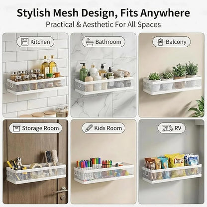 PUSDON 16.5-Inch Extra Long Slim Mesh Shower Caddy, Wall Mounted Bathroom Organizer with Adhesive, Heavy Duty Rustproof Shelf for Narrow Kitchen Pantry & RV, Holds 50 LBS 2-Pack - White Netting