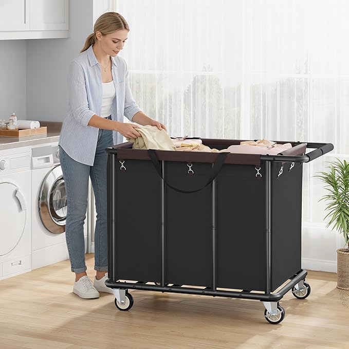 FAVOOSTY 470L Heavy Duty Commercial Laundry Cart with Wheels,Industrial Rolling Laundry Hamper, Extra Large Laundry Basket, Metal Frame for Hotel/Hospital/Home, 440lbs (Black)
