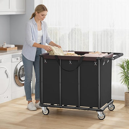 FAVOOSTY 470L Heavy Duty Commercial Laundry Cart with Wheels,Industrial Rolling Laundry Hamper, Extra Large Laundry Basket, Metal Frame for Hotel/Hospital/Home, 440lbs (Black)