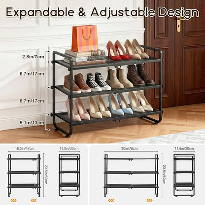 Expandable Shoe Rack for Closet - Shoe Organizer for Entryway, Adjustable Metal Shoe Storage, Stackable Long Shoe Stand Holder for Garage, Hallway, Door Entrance (Black, 3 Tier)