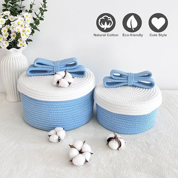Cute Storage Baskets with Lids, Small Round Woven Rope Basket with Lid, Small Toy Box for Kids or Cat, Cute Basket for Gift, Decorative Basket with Chic Bow Handle, Blue