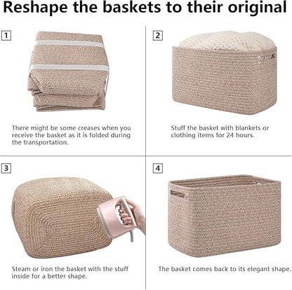 OIAHOMY 4 Pack Storage Baskets for Organizing, Cube Storage Bins for Shelves, Rectangle Storage Baskets With Handles, Woven Baskets for Storage, 16''Lx12''Wx8''H, Brown