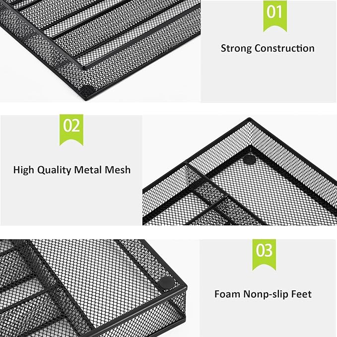 Neudeco Silverware Drawer Organizer - 5 Compartment Cutlery Tray with Non-Slip Feet, Mesh Wire Flatware Storage Divider for Kitchen, Bedroom, Living Room (Black)