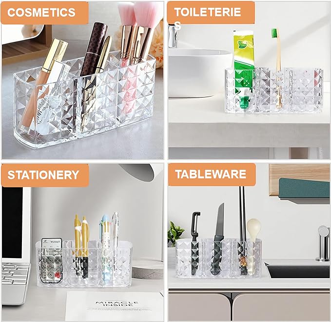 KNC 3 Compartment Acrylic Cosmetic Brushes Storage,Makeup Brush Holder Organizer,Perfect Bathroom Vanity Storage Solution for Makeup Brushes,Eyebrow Pencils,Lipsticks,Nail Polishes, and More