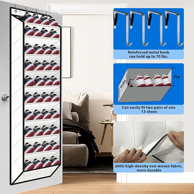 Over the Door Shoe Organizer, 20 to 30 Pairs Hanging Shoe Holder, Heavy Duty Extra Deep Pockets Shoe Storage for Closet, Anti-Scratch Hooks & FSC-Certified Bamboo - White