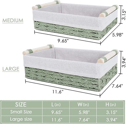 Wicker Storage Basket with Wooden Handle – Paper Rope Decorative Toilet Paper Baskets & Bathroom Organizer for Toilet Tank Top, Shelves, Bedroom, Countertop,Home,Office Storage Bins, 2 Pack,Sage Green