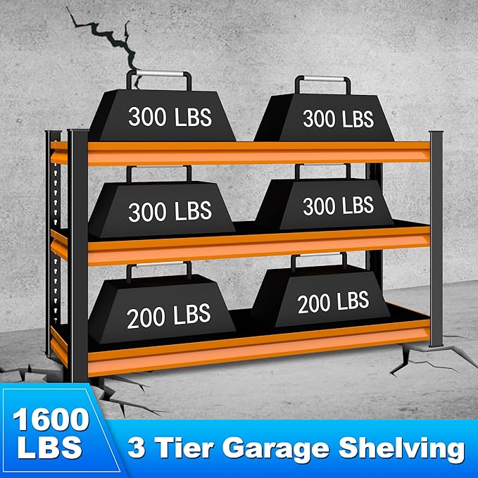 3-Tier Garage Shelving Heavy Duty,48" W Metal Shelving Unit for Garage,1600lbs Load Capacity Utility Rack Shelves & Shelves,48" W x 18" D x 39" H(Orange)