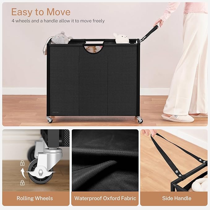 Laundry Sorter 3 Section with Tabletop & 2 Drawers, Rolling Laundry Hamper with Pull-Out and Removable Bags, Laundry Basket Organizer with Wheels and Shelf, Metal Frame Rustic Brown for Laundry Room