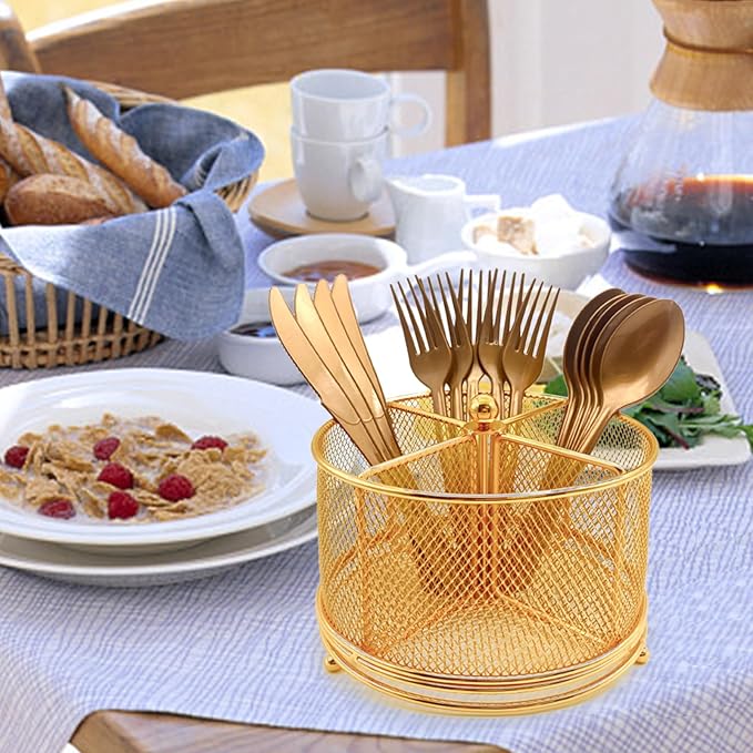 DysanVica 360° Rotating Metal Utensil Caddy - 4 Compartment Silverware Cutlery Holder Rotation Fork Spoon Napkin Organizer Flatware Storage Basket Party Countertop Buffet Picnic Camping Outdoor Gold