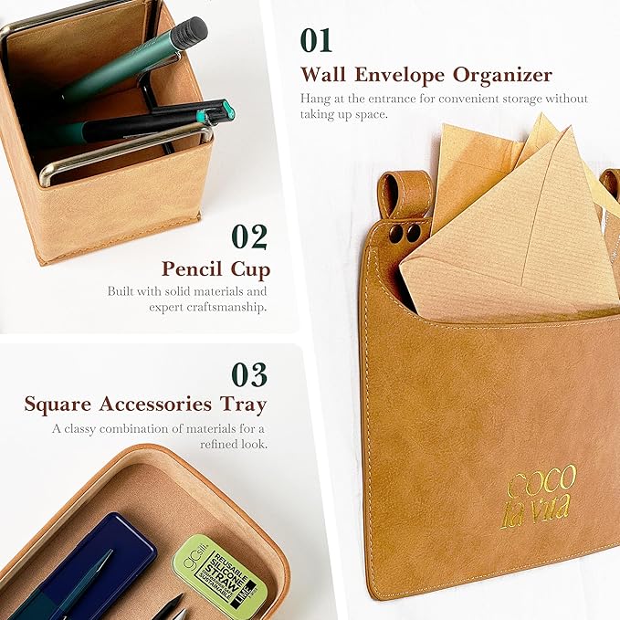 Luxury PU Leather Tray, Stylish and Durable Catch-All Organizer for Desk, Vanity, Nightstand, and Kitchen. Decorative, Non-Slip, Perfect for Jewelry Watch Keys Wallet Coins Cell Phones