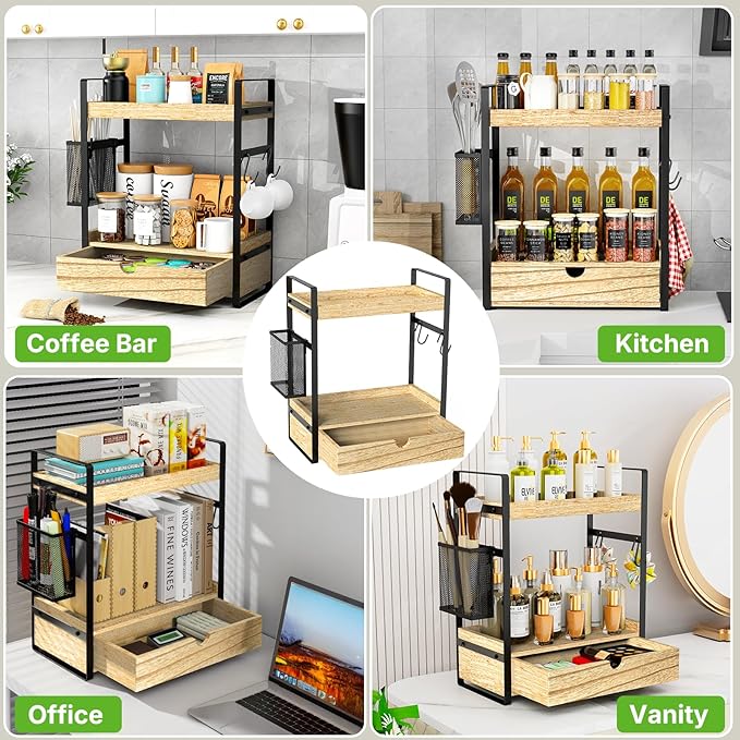 2-Tier Bathroom Counter Organizer with Drawer Basket and Hooks, Wood Bathroom Organizers and Storage for countertop, Farmhouse Brown Countertop Organizer, Counter Shelf for Vanity, Kitchen, Office