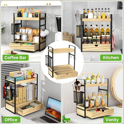 2-Tier Bathroom Counter Organizer with Drawer Basket and Hooks, Wood Bathroom Organizers and Storage for countertop, Farmhouse Brown Countertop Organizer, Counter Shelf for Vanity, Kitchen, Office