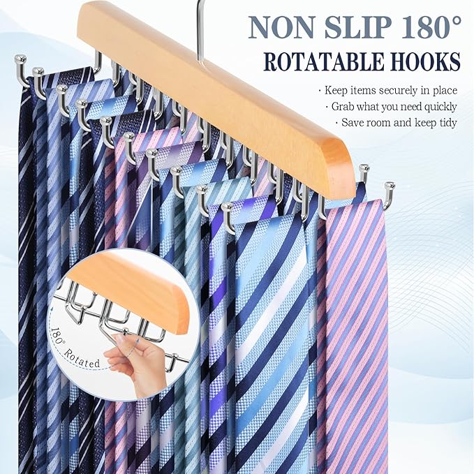 2 Pack Tie Rack Belt Hanger for Closet Fitnice Upgraded Non Slip Tie Hanger Space Saving with 20 Foldable Hooks Wooden Belt Tie Organizer for Tank Tops Bras Cami Scarves