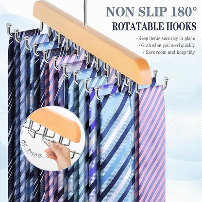 2 Pack Tie Rack Belt Hanger for Closet Fitnice Upgraded Non Slip Tie Hanger Space Saving with 20 Foldable Hooks Wooden Belt Tie Organizer for Tank Tops Bras Cami Scarves