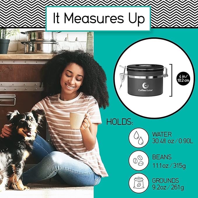 Coffee Gator Coffee Canister, 11oz Airtight Stainless Steel Kitchen Food Storage Container with Date-Tracker, CO2-Release Valve and Scoop for Beans, Grounds, Sugar, Cookies Jars, Tea, Cereal - Gray