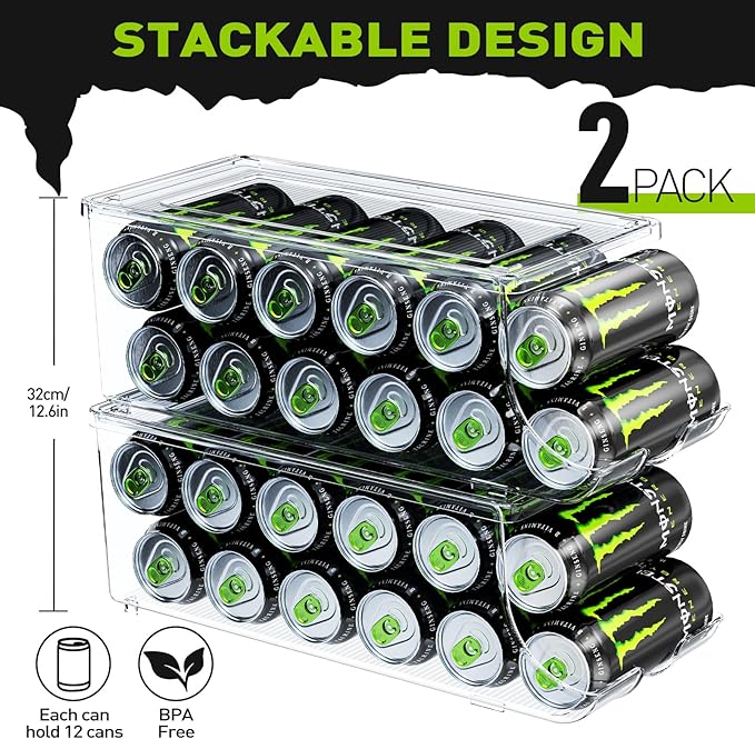 SCAVATA 2 Pack Tall Skinny Can Organizer for Refrigerator, Stackable Large Soda Cans of 16oz & 17oz Beverage Energy Drink Container Holder Dispenser with Lid for Fridge, Clear Storage Plastic Bins