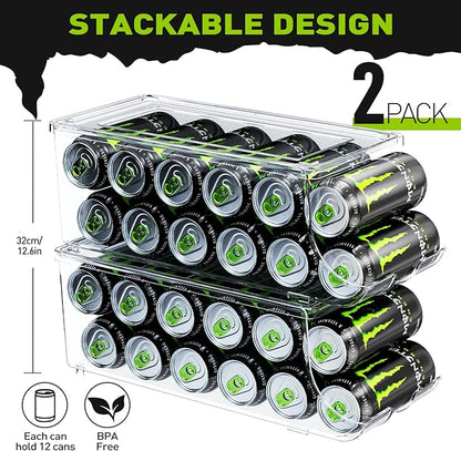 SCAVATA 2 Pack Tall Skinny Can Organizer for Refrigerator, Stackable Large Soda Cans of 16oz & 17oz Beverage Energy Drink Container Holder Dispenser with Lid for Fridge, Clear Storage Plastic Bins