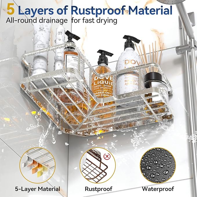YASONIC Corner Shower Caddy Organizer, Self-Adhesive Rustproof Bath Shelves with Soap Holder & 4 Hooks, Large Capacity Shower Storage Rack for Bathroom Organization, (3Pack, Silver)