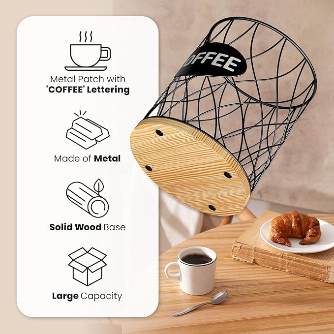 Coffee Pod Holder for K Cups – K Cup Organizer with Metal Wire and Bamboo Base, Large Capacity Coffee Pod Storage for Countertop, Coffee Bar or Kitchen, Pod Holder for K-Cup Style Capsule