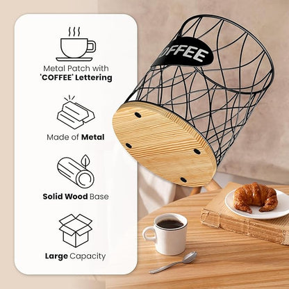 Coffee Pod Holder for K Cups – K Cup Organizer with Metal Wire and Bamboo Base, Large Capacity Coffee Pod Storage for Countertop, Coffee Bar or Kitchen, Pod Holder for K-Cup Style Capsule