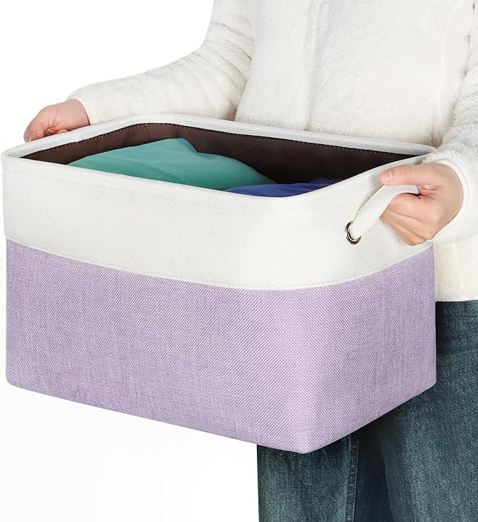 Foldable Storage Bin Collapsible Fabric Storage Basket Cube with Durable Handles Closet Organizer Bins for Organizing Shelves Drawers, Set of 3, 15" x 10" x 9.5", Purple
