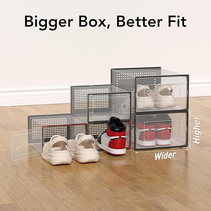 Foluck X-Large Shoe Storage Box, 15 Pack Clear Plastic Stackable Shoe Organizer for Closet, Interlocking Design Shoe Container Bins for Sneakers, Foldable Shoe Rack with Lids, Black