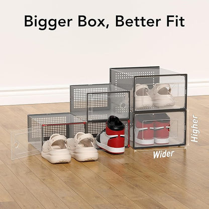 Foluck X-Large Shoe Storage Box, 15 Pack Clear Plastic Stackable Shoe Organizer for Closet, Interlocking Design Shoe Container Bins for Sneakers, Foldable Shoe Rack with Lids, Black