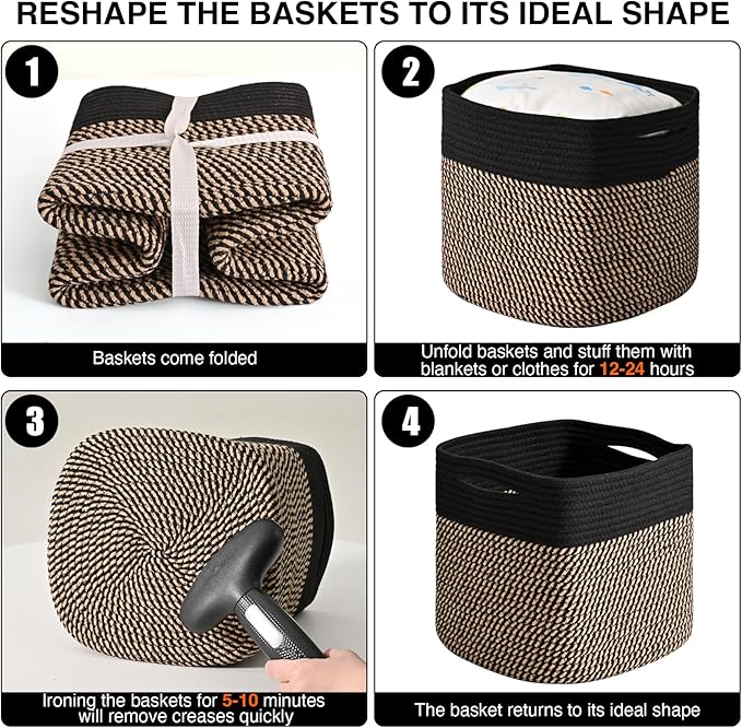 ICERZCZ 11 Inch Cube Storage Bins, Storage Cube Organizer Bins, Woven Cotton Rope Baskets for Storage, Storage Basket for Organizing Shelves, Square Baskets for Toys Nursery, Black & Jute (Pack of 3)