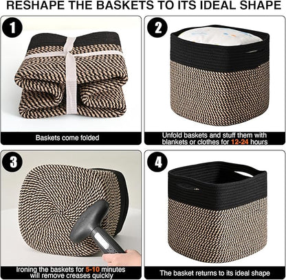 ICERZCZ 11 Inch Cube Storage Bins, Storage Cube Organizer Bins, Woven Cotton Rope Baskets for Storage, Storage Basket for Organizing Shelves, Square Baskets for Toys Nursery, Black & Jute (Pack of 3)