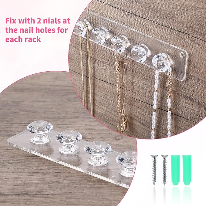 4Pcs Acrylic Necklace Holder Wall,Clear Necklace Hanger with 12 Hook for Girls Women,Easy Install Necklace Hanger Wall Mount Jewelry Organizer wall mount for Necklaces, Bracelets, Chains