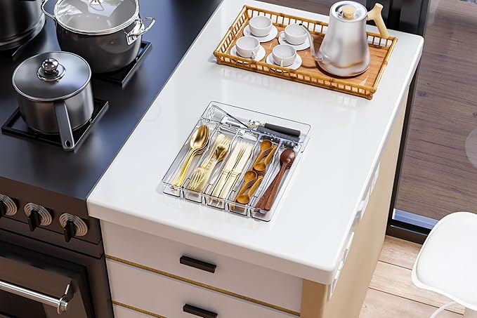 Yieach Clear Large Silverware Organizer 12 inch Wide for Kitchen Drawers,BPA Free Silverware Trays,Plastic Silverware Dividers & Holder,Utensil and Flatware Drawer Organizer Suitable for Fork,Spoon