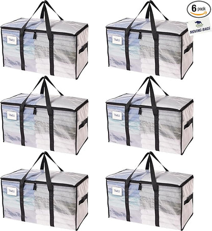 RUGGED RHINO 6 Pack Heavy Duty Extra Large Moving Bags, Durable Bag with Strong Handles and Zipper, Moving Boxes Alternative for College Packing, Holiday Décor, Space Saving Storage with Label, Clear
