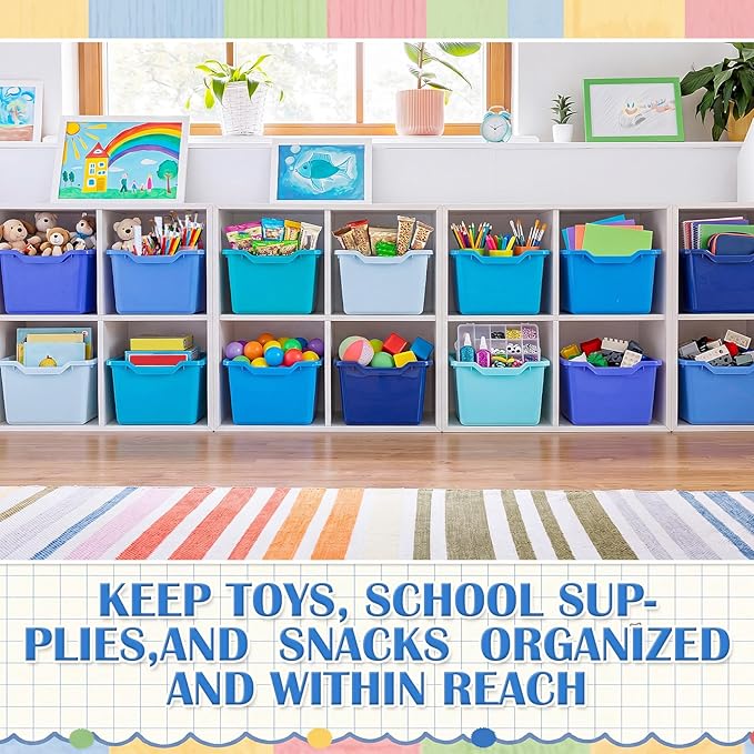 Dandat 16 Pcs Plastic Book Bins for Classroom Library Cubby Bins Scoop Front Stackable Toy Storage Tubs Containers for School Office Home Nursery Playroom Organization (Blue Series)