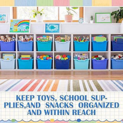 Dandat 16 Pcs Plastic Book Bins for Classroom Library Cubby Bins Scoop Front Stackable Toy Storage Tubs Containers for School Office Home Nursery Playroom Organization (Blue Series)