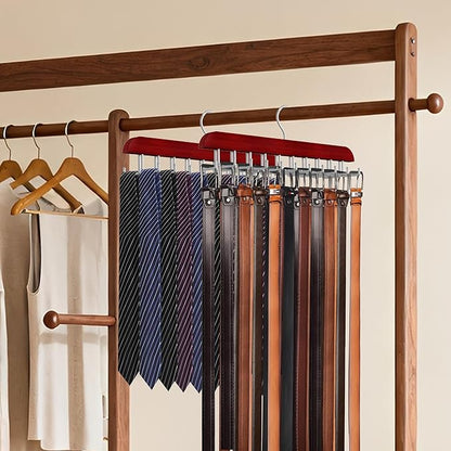Tie Rack Hanger for Closet, 2 in 1 Belt Tie Hangers with 20 Folding Hooks, 360 Degree Rotating Wooden Tie Holder Organizer for Men Ties Belts Scarves Tank Tops Accessories, Walnut (2 Pack)