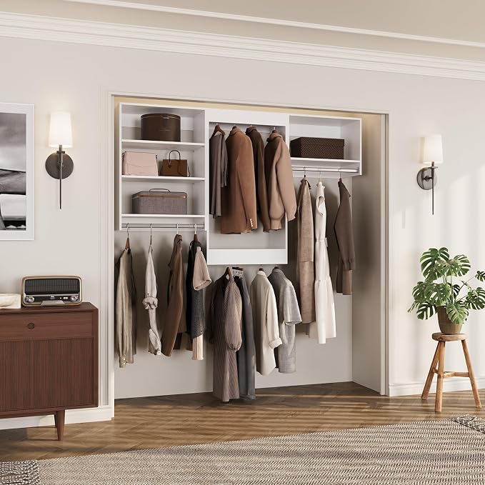 ROOMTEC Modular Closet System, 84" Closet Organizer with Hanging Rods, Wall-Mounted Wooden Tower for Walk-In Closets, Wardrobe Storage Kit, White