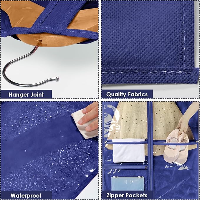 Univivi Kids Garment Bags for Dance Costumes 40 Inch Hanging Dance Costume Bag for Dance Competitions, with 3 Medium Clear Zipper Pockets for Dance Costumes, Closet Storage (Navy Blue) - 4 Pack